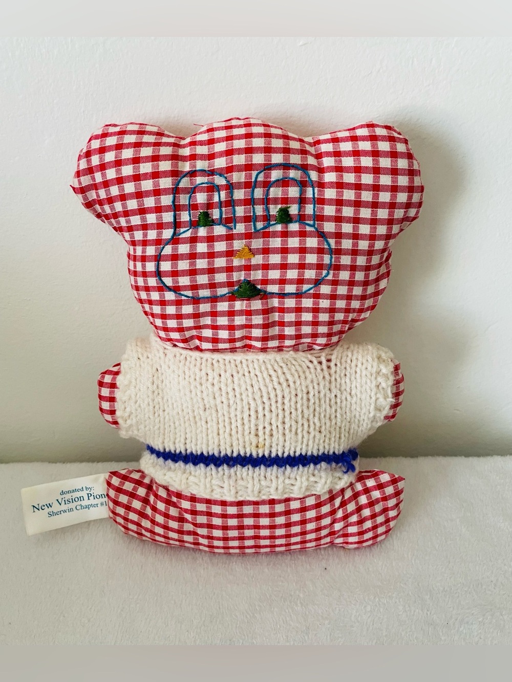 Vintage Gingham Teddy Bear Handmade 11” Red White Embroidered Plaid Plush Toy